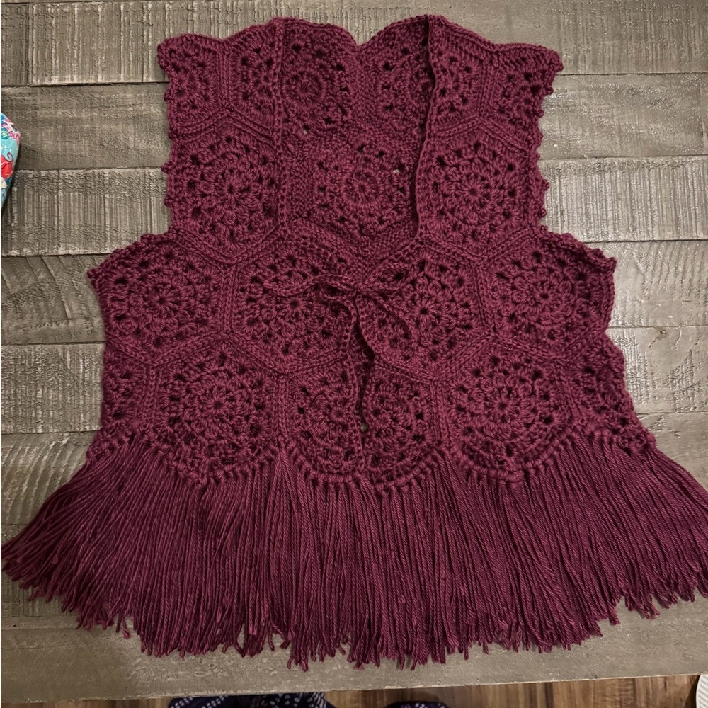 Crochet Fringe Dark Fuscia Hexagon Fringe Vest